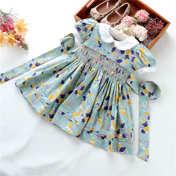 Charming Floral Kids Dress with White Collar Smocked Dress for Toddler Girls
